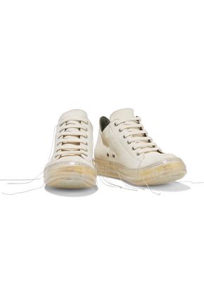 RICK OWENS NO CAP FRAYED SUEDE AND LEATHER SNEAKERS,3074457345622258768