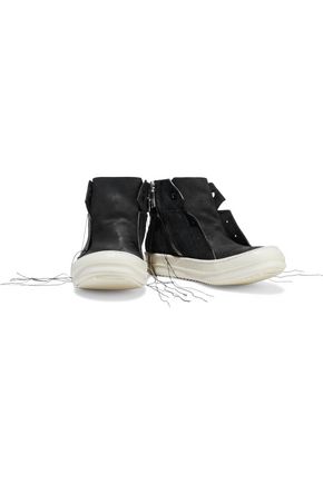 Rick Owens Island Dunk Frayed Suede And Leather High-top Sneakers In Black