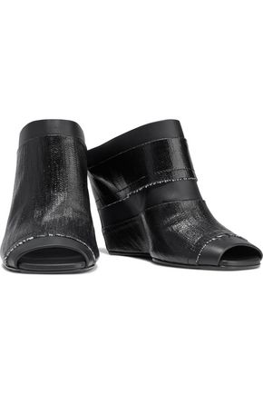Rick Owens Coated Twill-paneled Leather Wedge Mules In Black