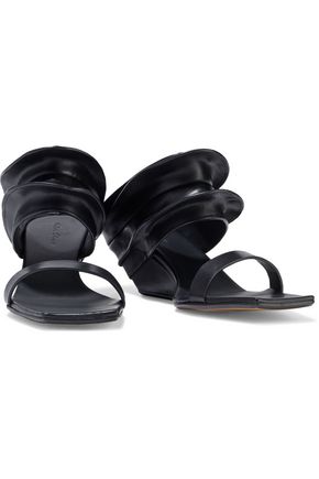 RICK OWENS GATHERED LEATHER WEDGE MULES,3074457345622262291