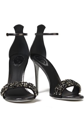 René Caovilla Celebrita Crystal-embellished Satin-paneled Textured-leather Sandals In Black