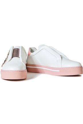 Shop René Caovilla Triana Crystal-embellished Satin-trimmed Leather Sneakers In White