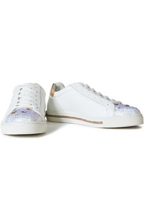 RENÉ CAOVILLA XTRA MY LOVE METALLIC-TRIMMED CRYSTAL-EMBELLISHED LEATHER SNEAKERS,3074457345622324653