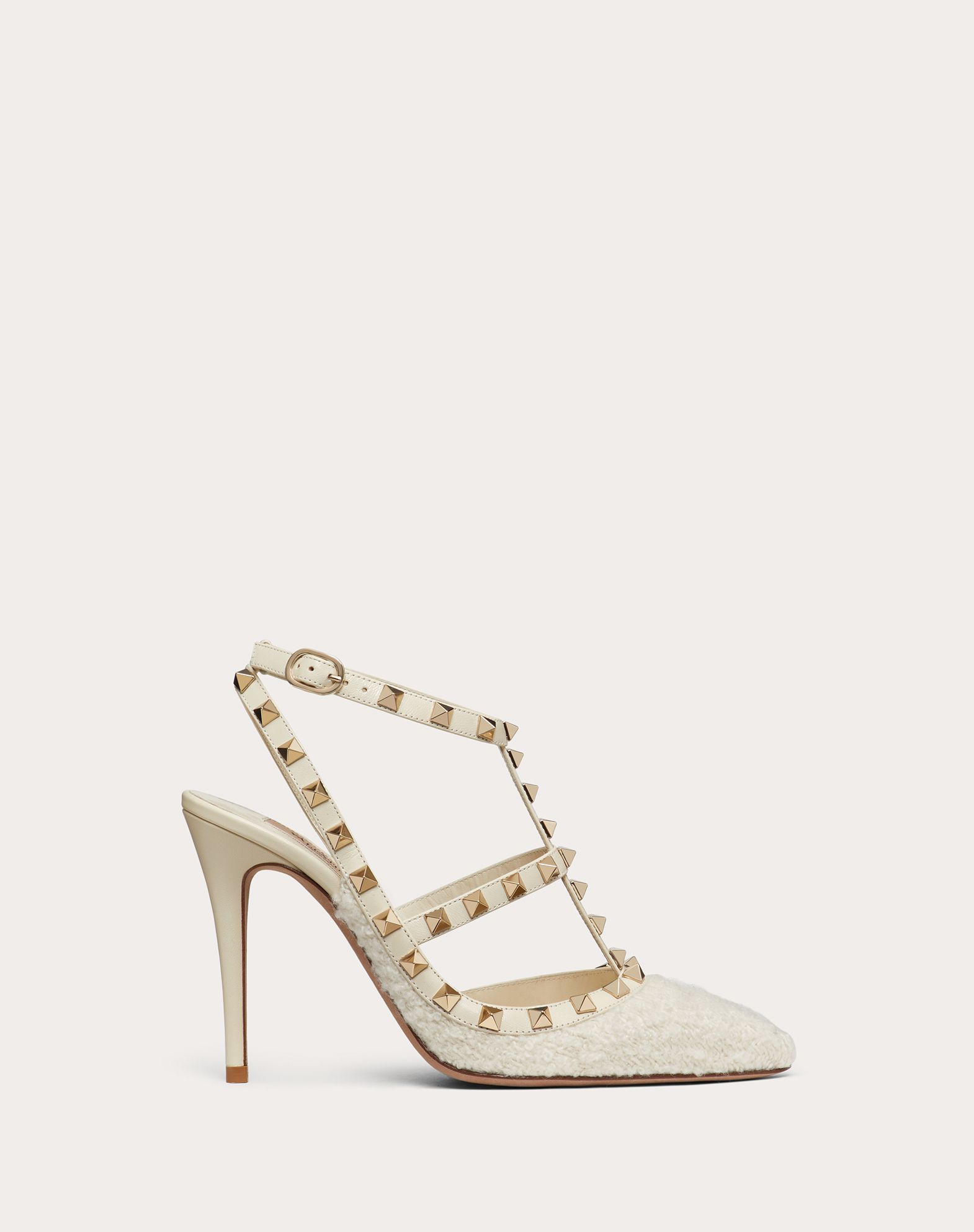 Click to view more detailed imagery on our partner's website Valentino Garavani Rockstud Bouclé Fabric Ankle Strap Pump 100 Mm In White