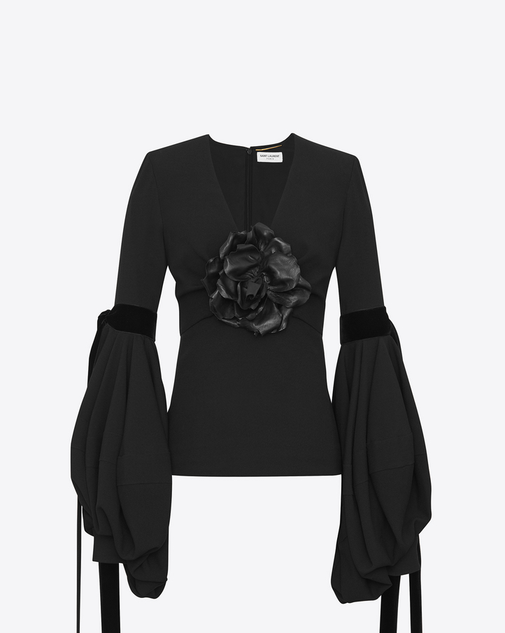 Saint Laurent Plunging V Neck Top With Oversized Sleeves In Black Sablé ...