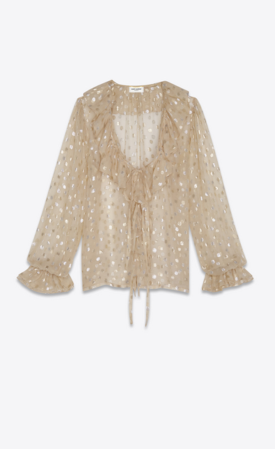 SAINT LAURENT Tops and Blouses Woman Ruffled blouse in beige silk georgette with gold polka dots a_V4