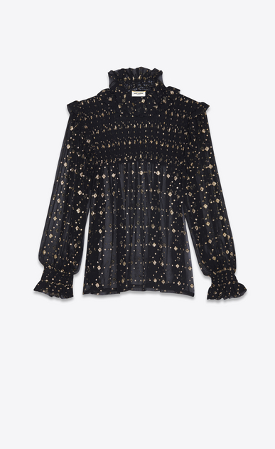 SAINT LAURENT Tops and Blouses Woman Smocked blouse in black silk with gold diamond shapes a_V4