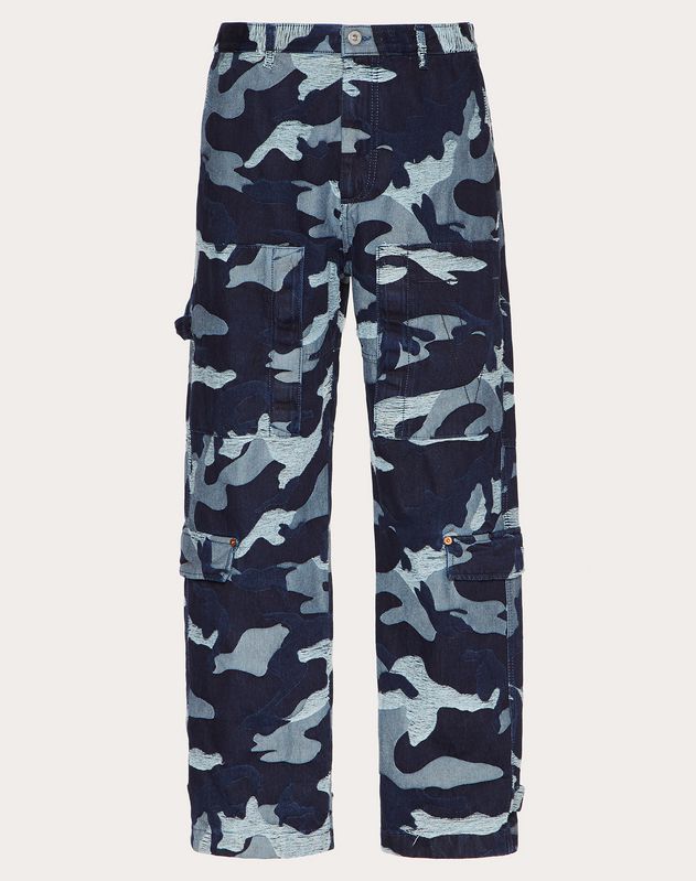 DENIM JACQUARD CARGO PANTS WITH EMBROIDERED V for Man Valentino