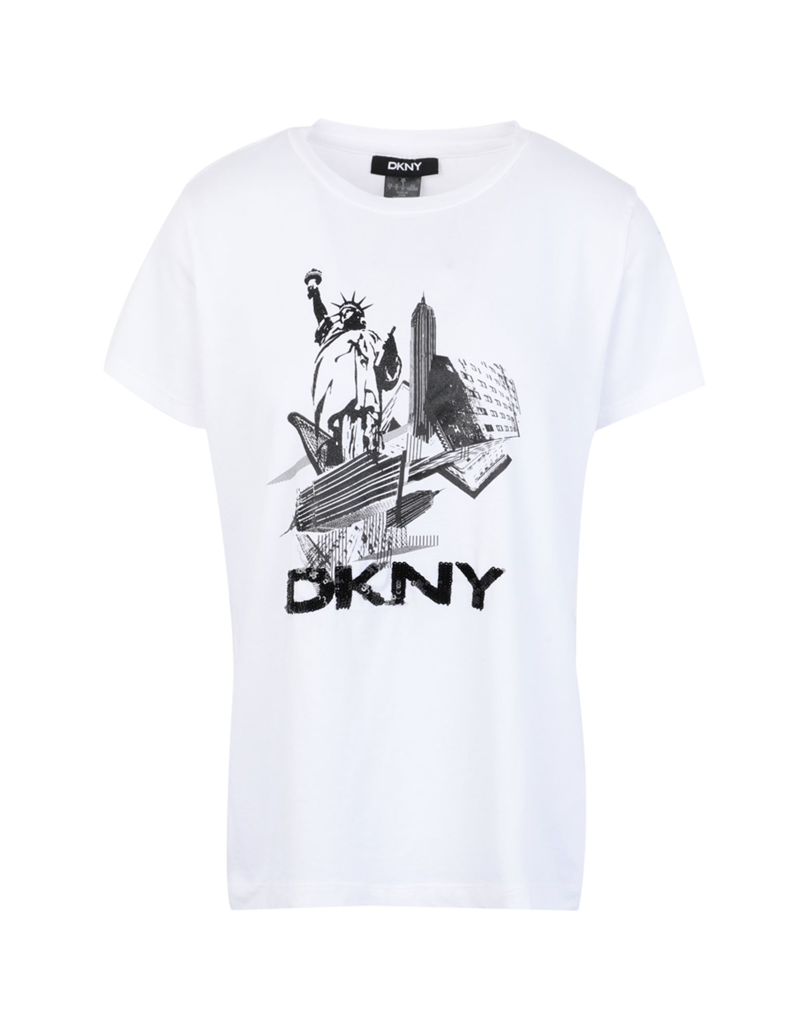 《セール開催中》DKNY レディース T シャツ ホワイト XS コットン 58% / レーヨン 37% / ポリウレタン 5% NEW YORK LOGO SEQUIN PULLOVER