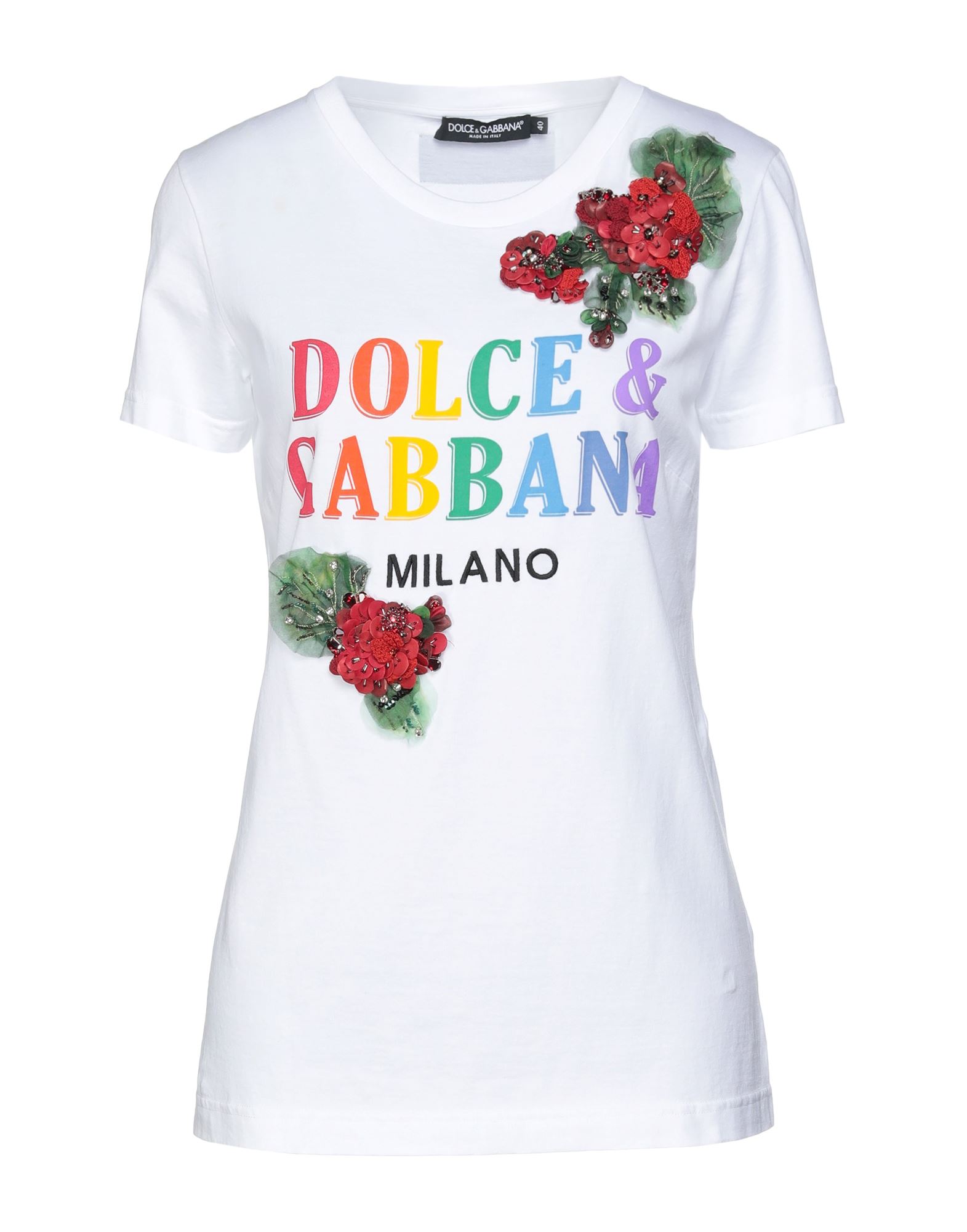 《セール開催中》DOLCE & GABBANA レディース T シャツ ホワイト 36 コットン 100% / シルク / ガラス / ポリエステル / 真鍮/ブラス