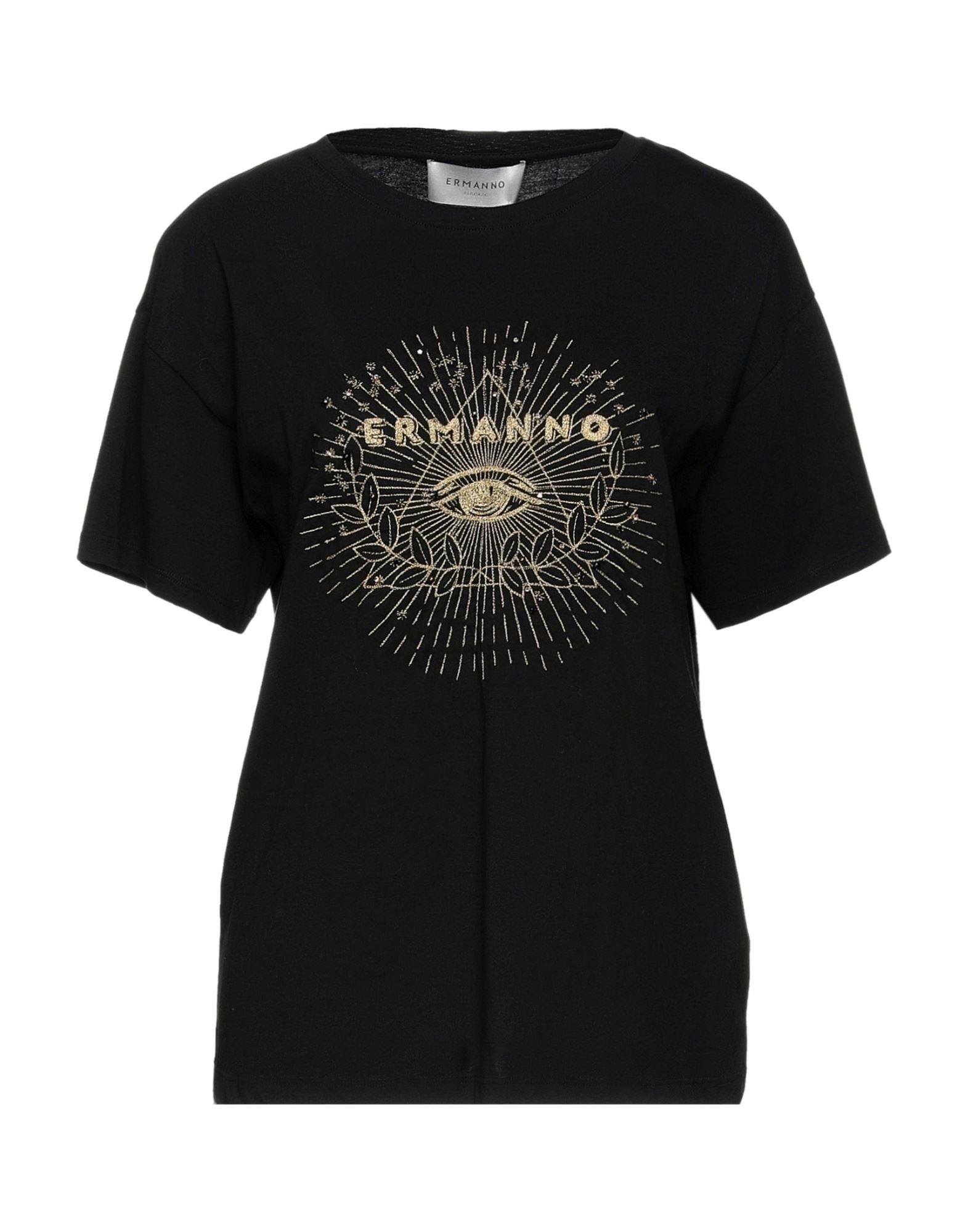 《セール開催中》ERMANNO DI ERMANNO SCERVINO レディース T シャツ ブラック 40 コットン 100% / ナイロン / ポリエステル / 金属化ポリエステル