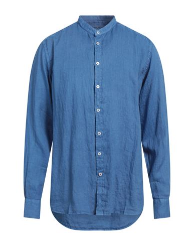 Shop Baronio Man Shirt Slate Blue Size Xxl Linen