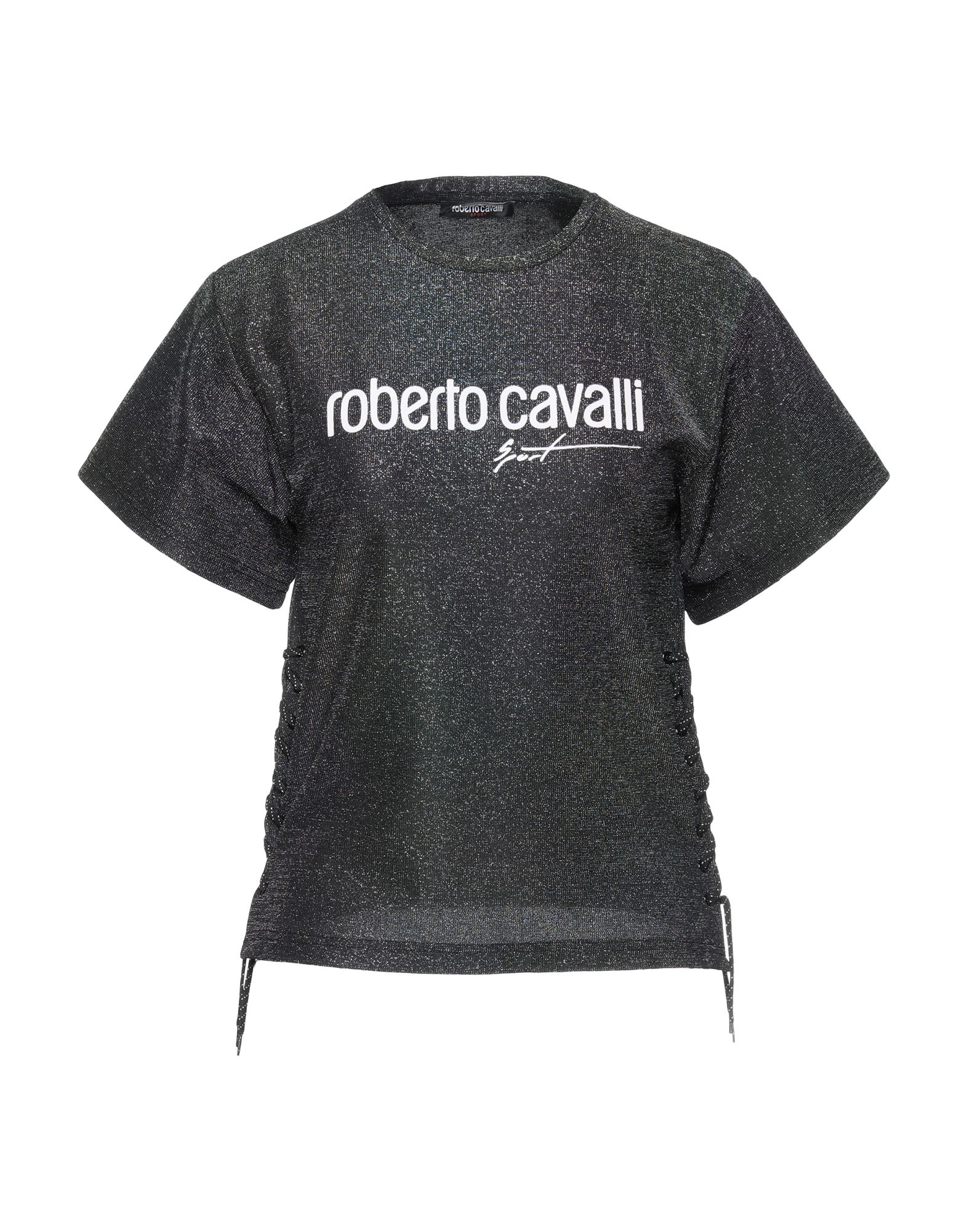 《セール開催中》ROBERTO CAVALLI レディース T シャツ ブラック S ポリエステル 84% / 金属 13% / ポリウレタン 3%