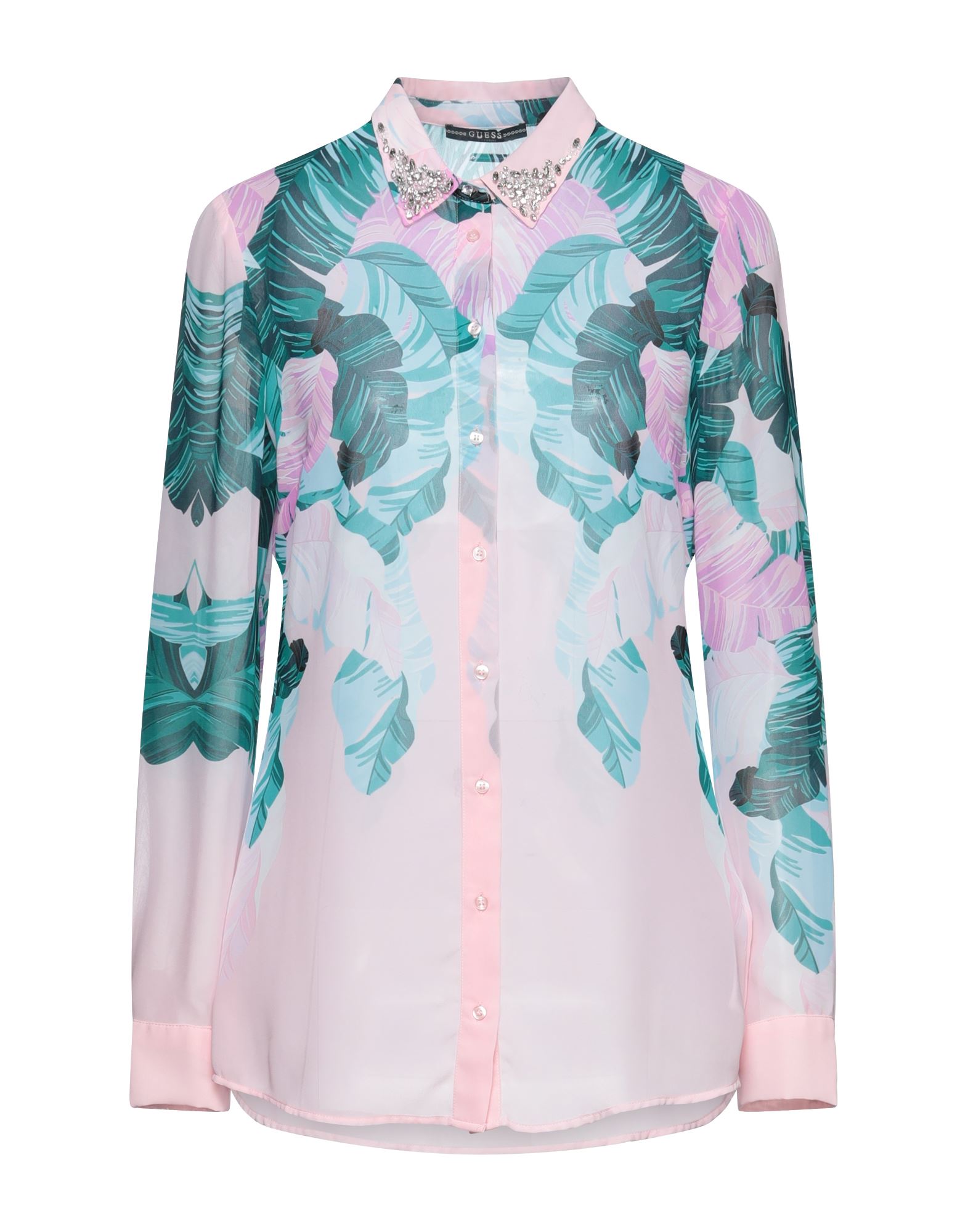 pink and green guess shirt