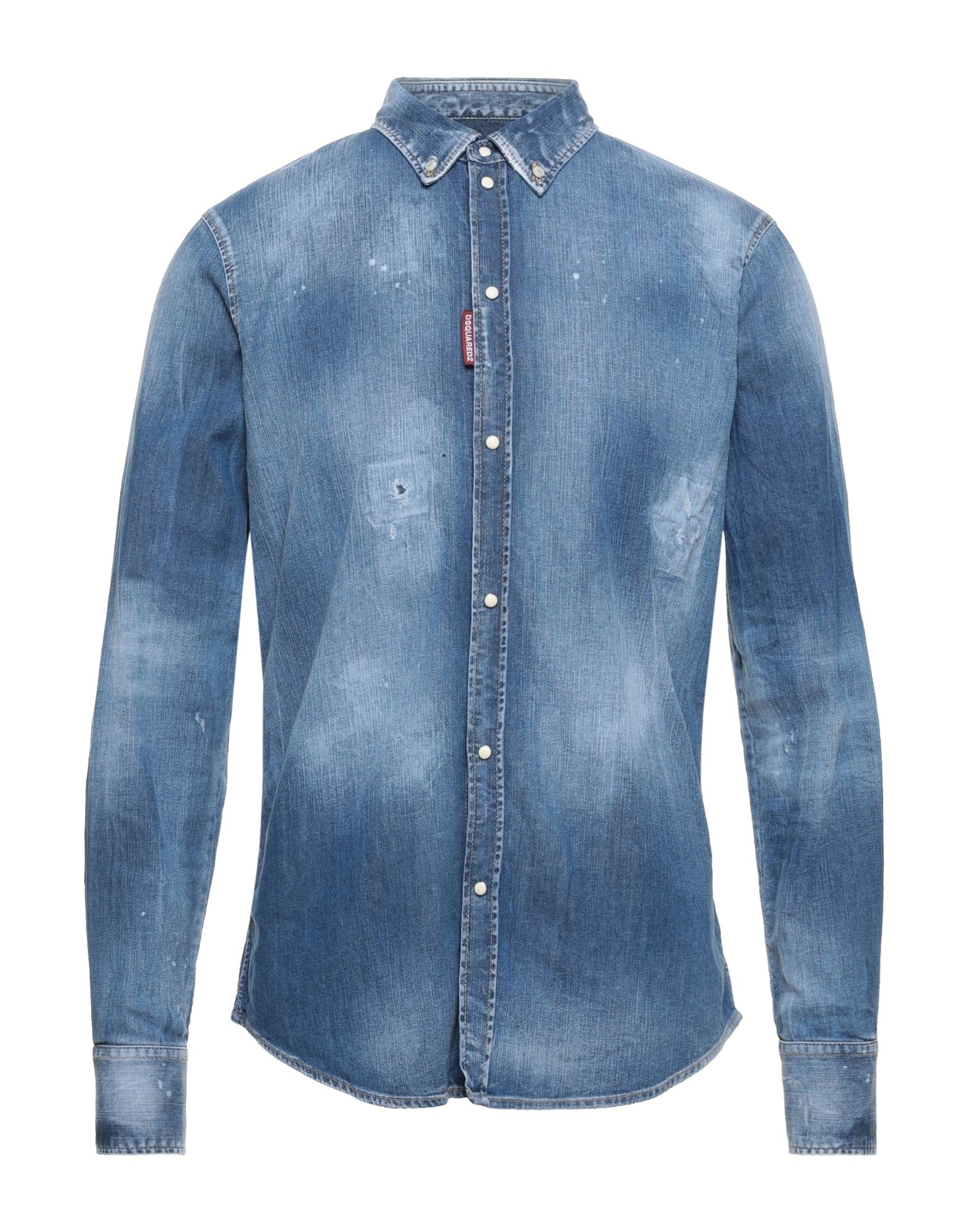 Shop Dsquared2 Man Denim Shirt Blue Size 40 Cotton, Elastane, Bovine Leather