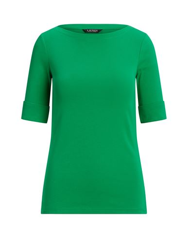 Lauren Ralph Lauren Cotton Boatneck Top Woman T-shirt Green Size M Cotton, Elastane