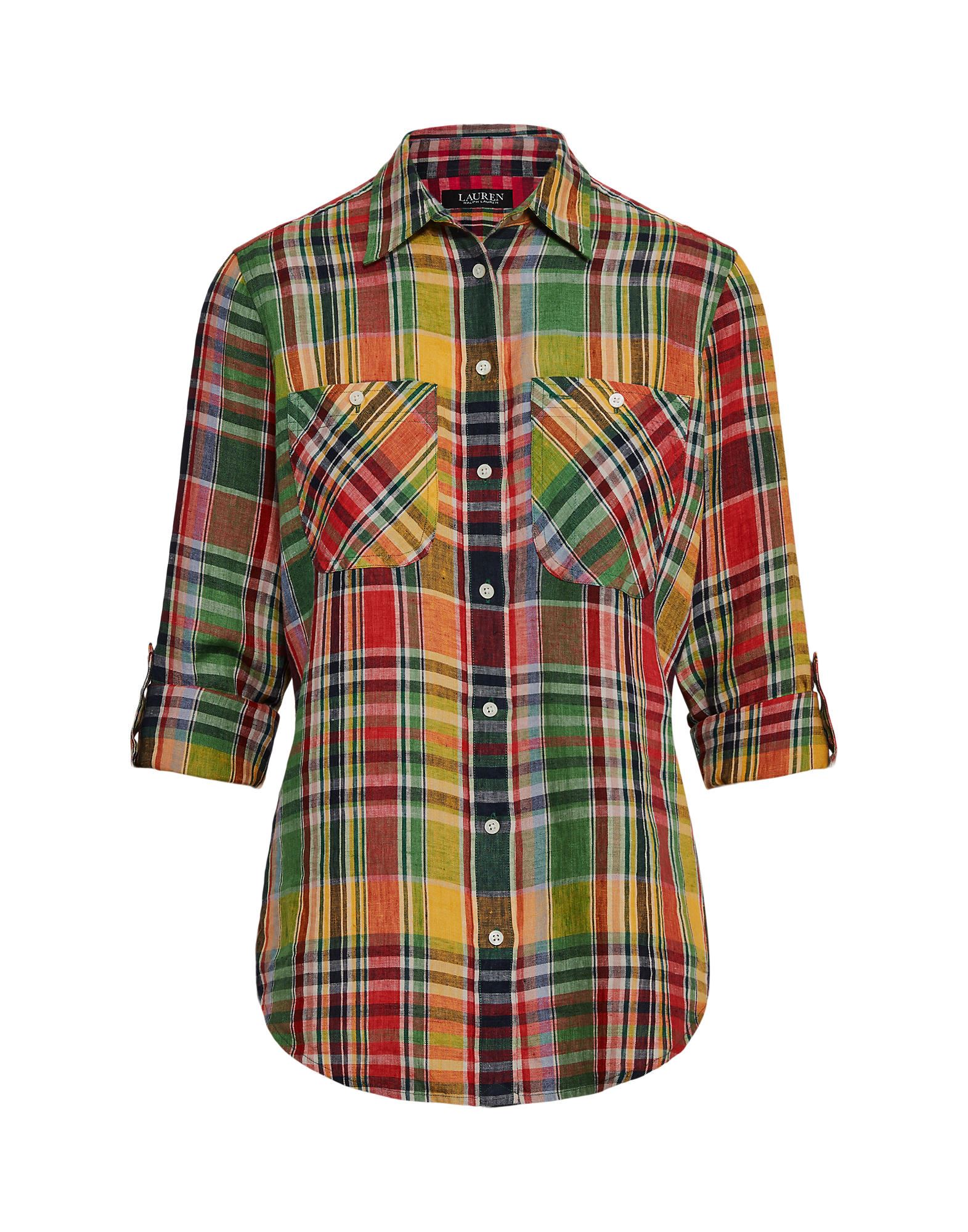 Lauren Ralph Lauren Plaid Linen Shirt In Pink/yellow Multi | ModeSens