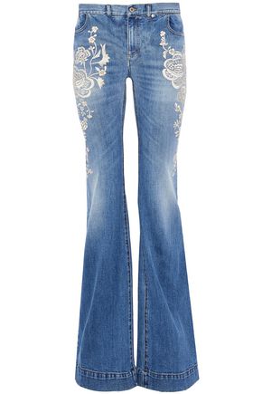 ROBERTO CAVALLI WOMAN EMBROIDERED FADED MID-RISE FLARED JEANS MID DENIM,US 12789547614830778