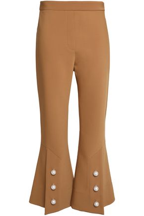 Ellery Faux Pearl-embellished Woven Flared Pants In Camel