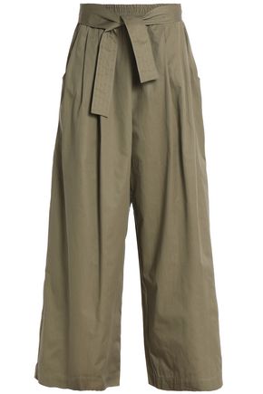 TOME TOME WOMAN BELTED COTTON-TWILL WIDE-LEG PANTS ARMY GREEN,3074457345619071742