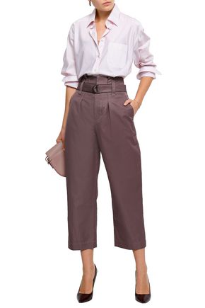 BRUNELLO CUCINELLI BRUNELLO CUCINELLI WOMAN CROPPED BELTED COTTON AND RAMIE-BLEND STRAIGHT-LEG PANTS GRAPE,3074457345620322194