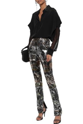 Click to view more detailed imagery on our partner's website Mary Katrantzou Woman Sequined Tulle Slim-Leg Pants Gold