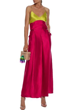 Click to view more detailed imagery on our partner's website Rosie Assoulin Woman Lace-Up Linen-Blend Duchesse-Satin Wide-Leg Pants Crimson