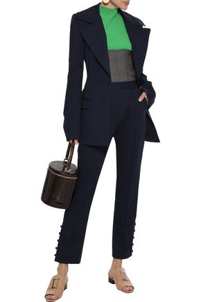 Click to view more detailed imagery on our partner's website Rosie Assoulin Woman Oboe Button-Detailed Cotton-Blend Twill Slim-Leg Pants Navy