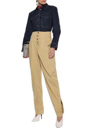 Click to view more detailed imagery on our partner's website Rosie Assoulin Woman Snap-Detailed Cotton-Blend Twill Tapered Pants Sand