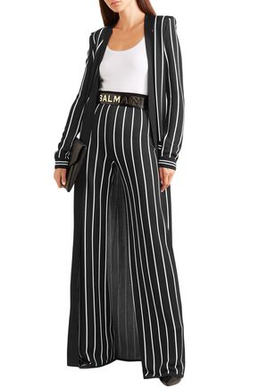 Balmain Striped Stretch-knit Wide-leg Pants In Black
