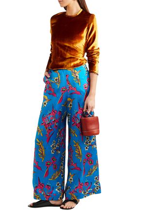 Etro Floral-print Hammered Silk-satin Wide-leg Pants In Blue