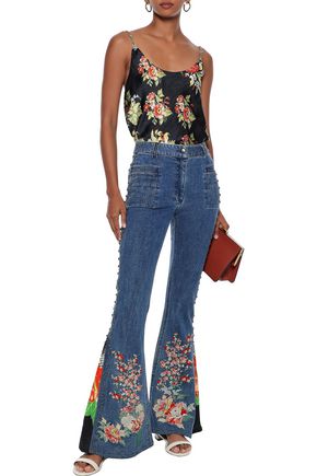 Camilla Queen Of Kings Printed Crepe-paneled Embellished High-rise Flared Jeans In Mid Denim