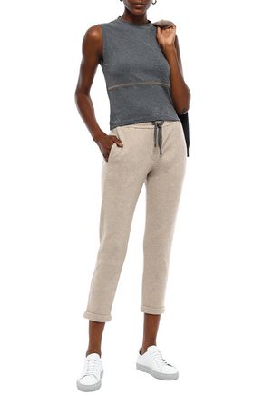 Brunello Cucinelli Cropped Cashmere And Cotton-blend Track Pants In Neutral