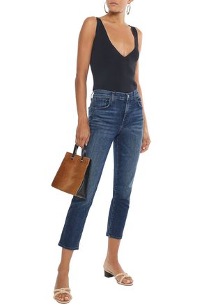Click to view more detailed imagery on our partner's website J Brand Woman Ruby Cropped Distressed High-Rise Slim-Leg Jeans Mid Denim