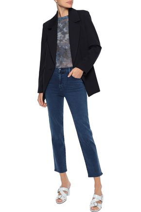 Click to view more detailed imagery on our partner's website J Brand Woman Ruby Cropped Striped High-Rise Slim-Leg Jeans Mid Denim