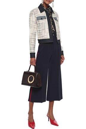 Gucci Woman Striped Grosgrain-trimmed Stretch-crepe Culottes Navy