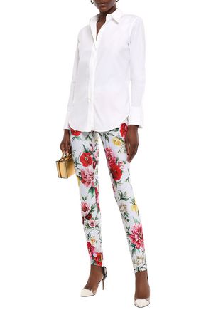 Dolce & Gabbana Floral-print Stretch-knit Stirrup Leggings In Ecru