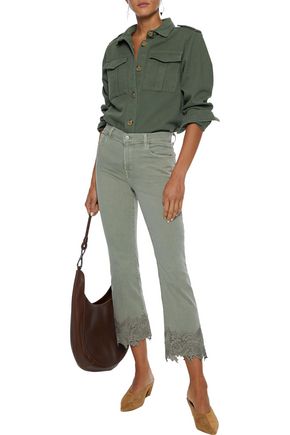 Click to view more detailed imagery on our partner's website J Brand Woman Selena Guipure Lace-Trimmed Mid-Rise Kick-Flare Jeans Grey Green