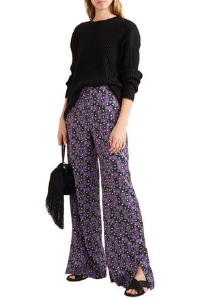 Shop Lela Rose Floral-print Satin-twill Wide-leg Pants In Purple