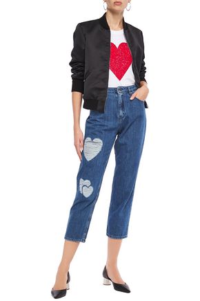 Love Moschino Cropped Distressed Boyfriend Jeans In Mid Denim
