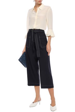 Tory Burch Woman Diana Cropped Belted Wool-blend Culottes Navy | ModeSens