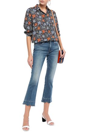 Frame Scalloped Frayed Faded Mid-rise Kick-flare Jeans In Blue