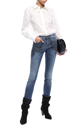 Roberto Cavalli Studded Embroidered Mid-rise Skinny Jeans In Mid Denim