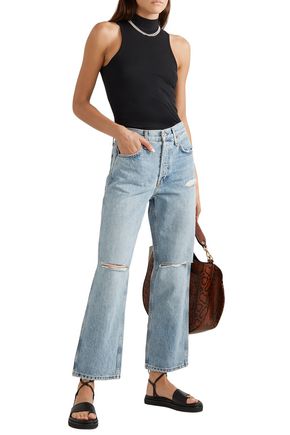 Re/done Distressed High-rise Straight-leg Jeans In Light Denim