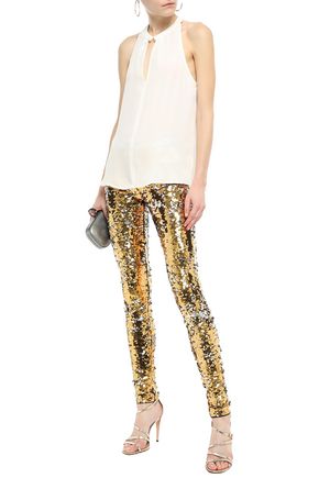 Mes Demoiselles Woman Rocker Sequined Stretch-jersey Leggings Gold