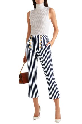 BALMAIN CROPPED BUTTON-EMBELLISHED STRIPED COTTON-TWILL FLARED PANTS,3074457345621589560