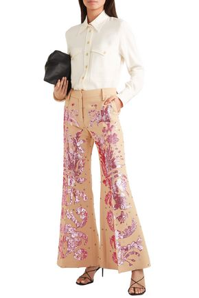 Valentino Sequin-embellished Wool And Silk-blend Flared Trousers In Beige