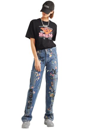 Vetements Distressed Embellished Mid-rise Straight-leg Jeans In Mid Denim