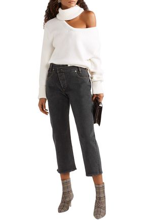 Monse Cropped Printed Leather-trimmed Boyfriend Jeans In Charcoal