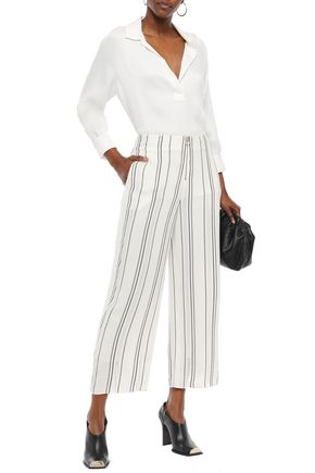 PROENZA SCHOULER CROPPED DISTRESSED STRIPED CREPE WIDE-LEG PANTS,3074457345621770408